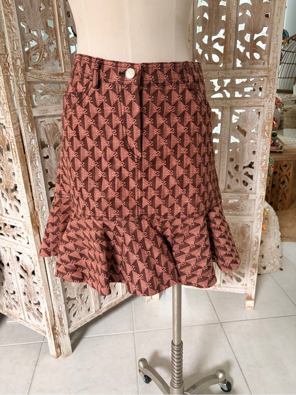 Sandro Rust Houndstooth Ruffle Mini Skirt - Picture 4 of 8
